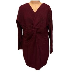 Burgandy Ribbed Long Sleeve V-neck Twist Knot Tunic Mini Sweater Dress Size S